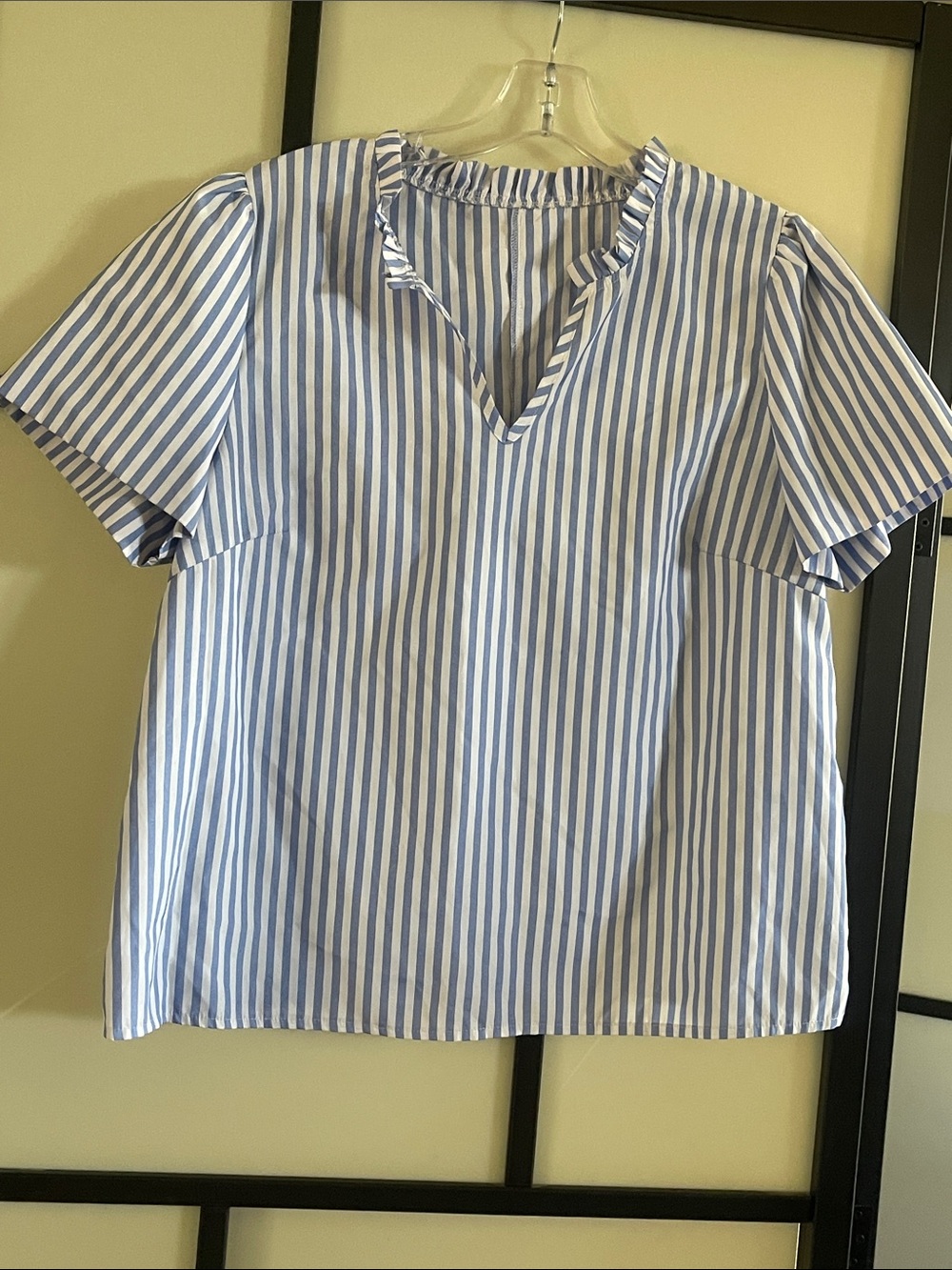 Blue & White Striped V-Neck Short Sleeve Shirt